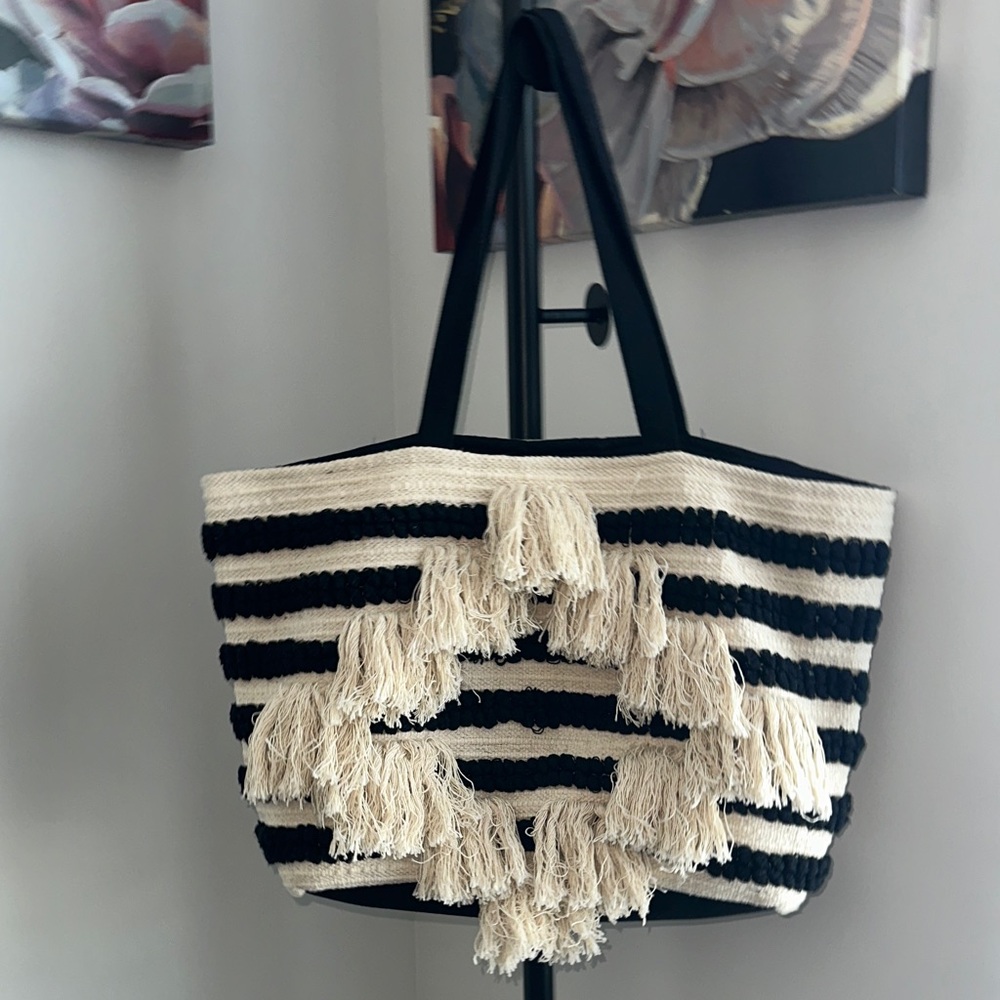 Love Stitch Black and Cream Striped Fringe Tote